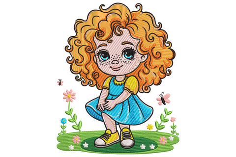 Curly hair girl embroidery design with bouncy dark curls, warm caramel skin, pink dress, blush cheeks and big dark eyes for kids and nursery items.