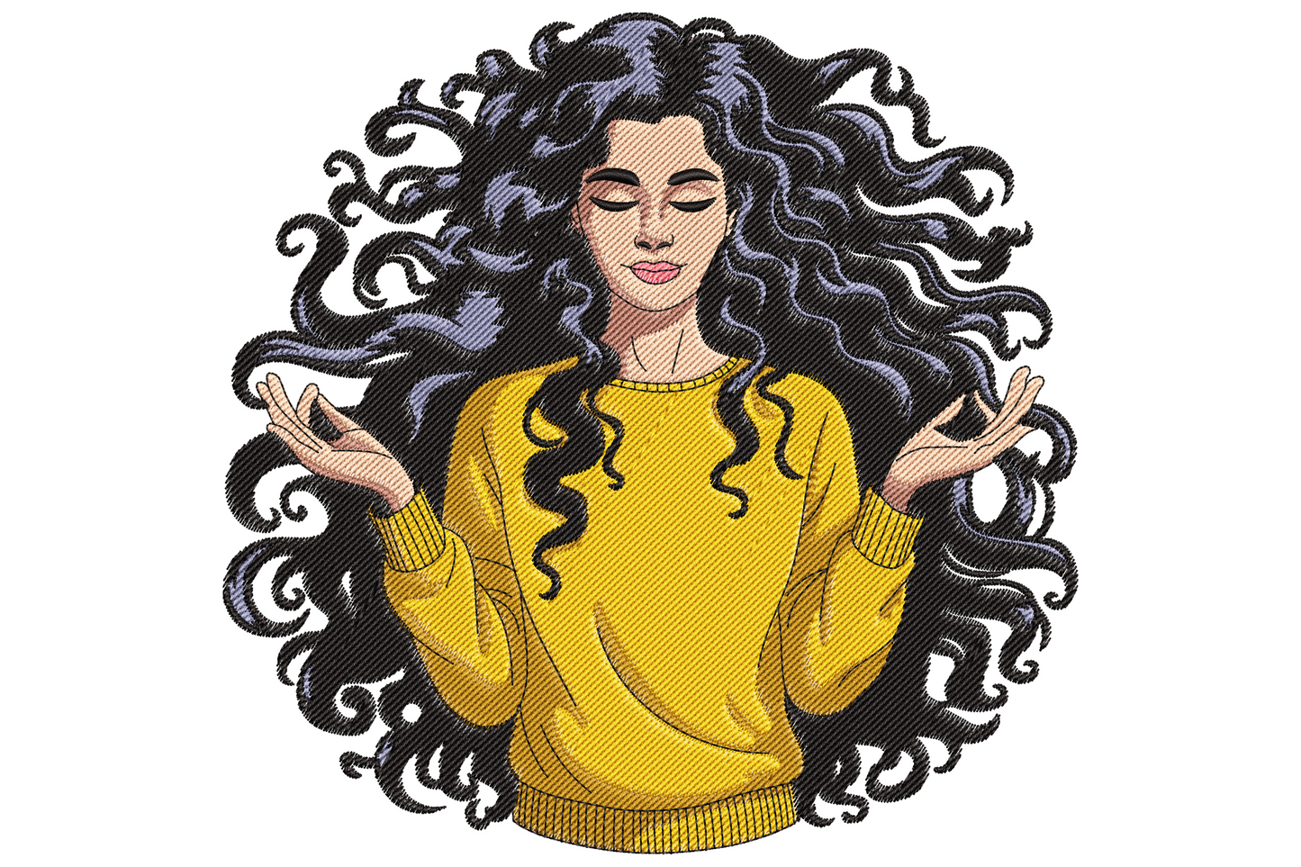 Meditating woman embroidery design with voluminous curly hair in a circular halo, yellow sweater, seated lotus pose.