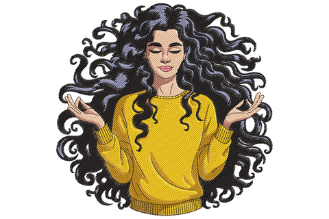 Meditating woman embroidery design with voluminous curly hair in a circular halo, yellow sweater, seated lotus pose.
