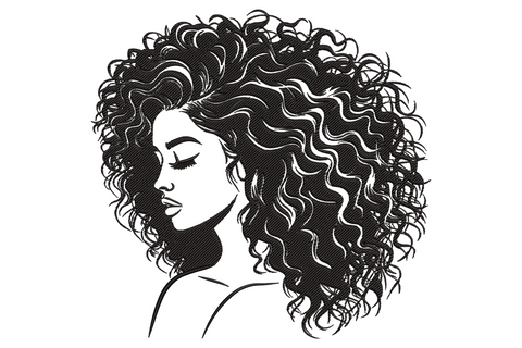 Curly hair woman silhouette embroidery design, black profile portrait with massive voluminous curls and closed eyes, single colour.
