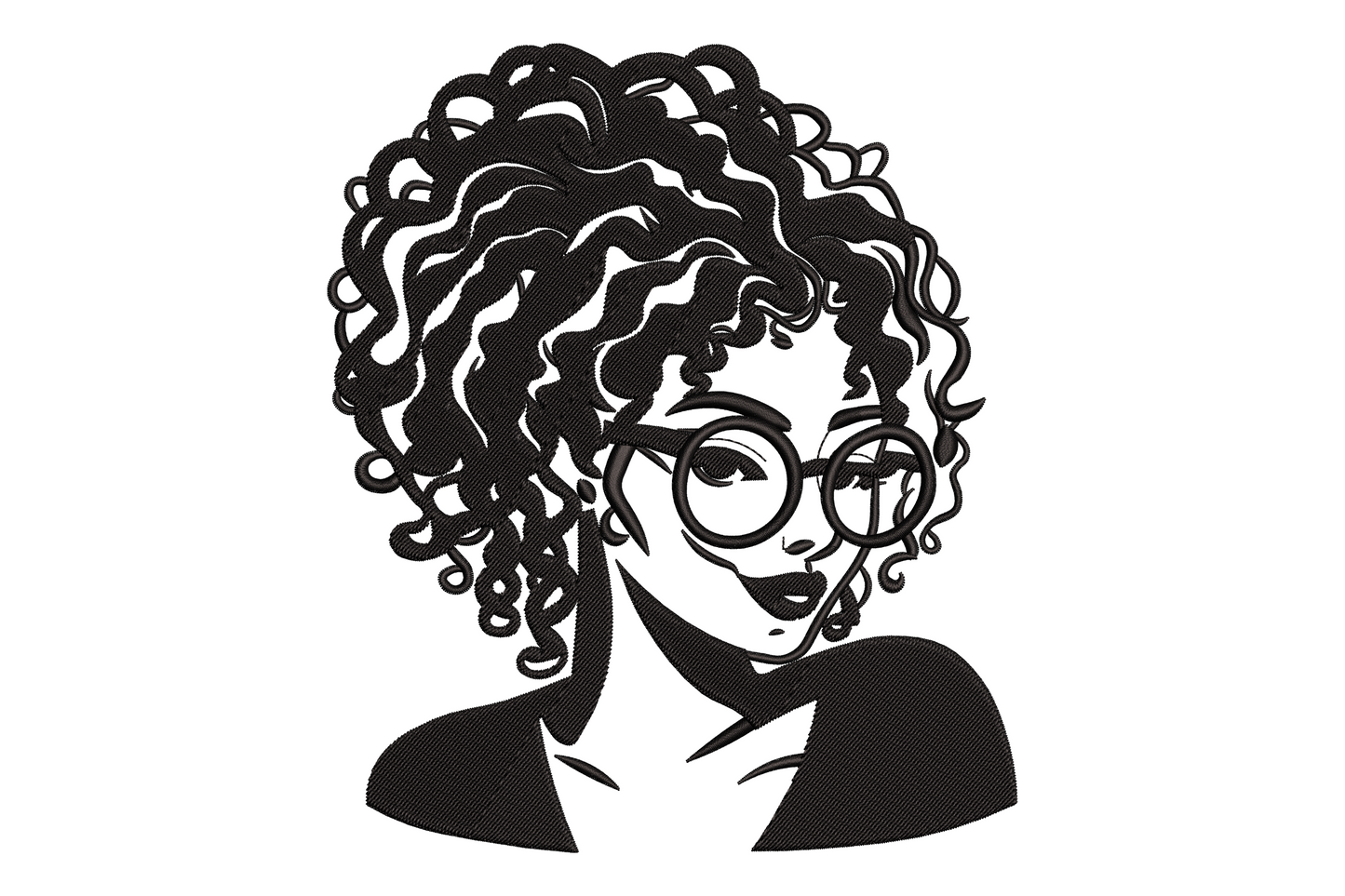 Embroidery design of a woman portrait with voluminous curly hair fanning out around her head, round glasses, and an open collar, stitched in solid black as a bold graphic silhouette.