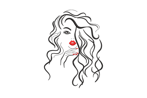Curly hair woman line art embroidery design, voluminous black satin curls in profile with red lips, fashion illustration style.