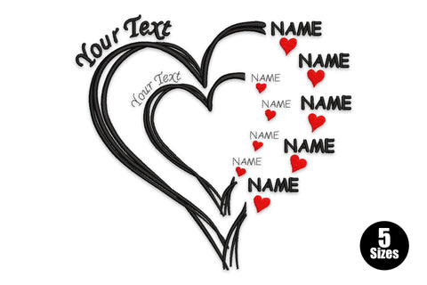 Double open-heart outline embroidery design in black with nine small solid red hearts floating off to the right side.