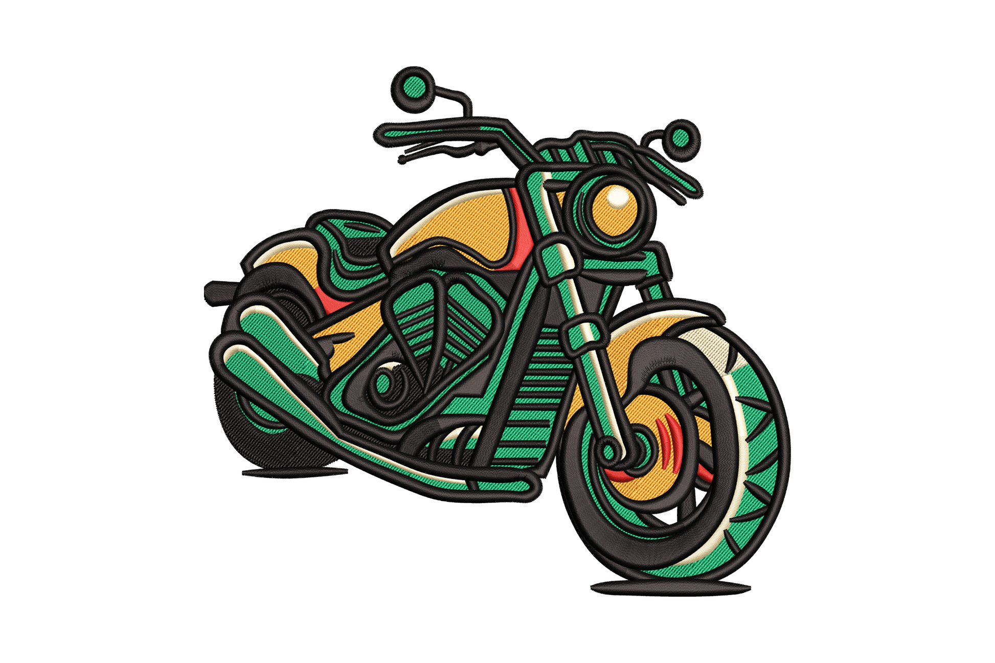 Custom chopper motorcycle embroidery design in deep green gold and black, three-quarter front view with high handlebars