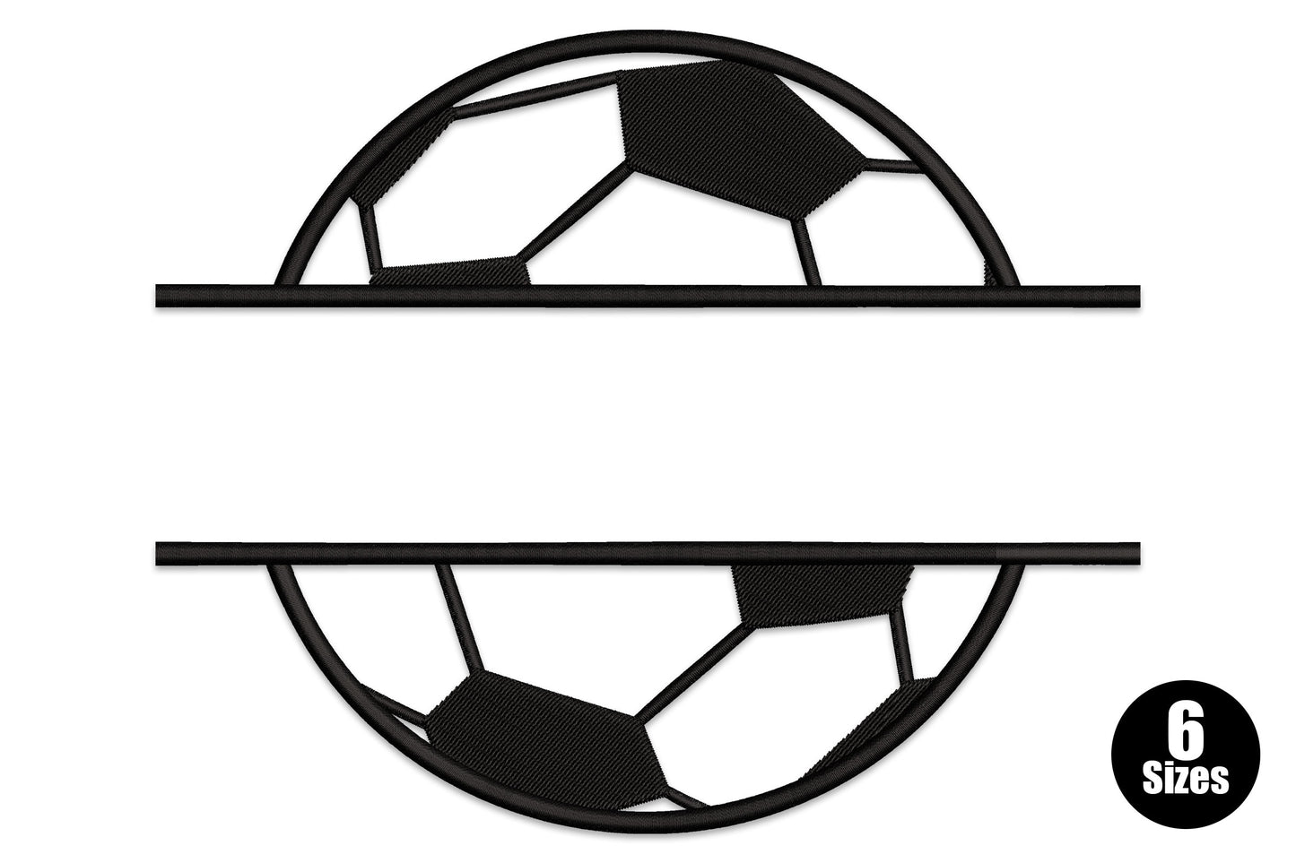 Custom soccer ball name embroidery design in black, split ball with pentagon panel pattern and blank name banner below