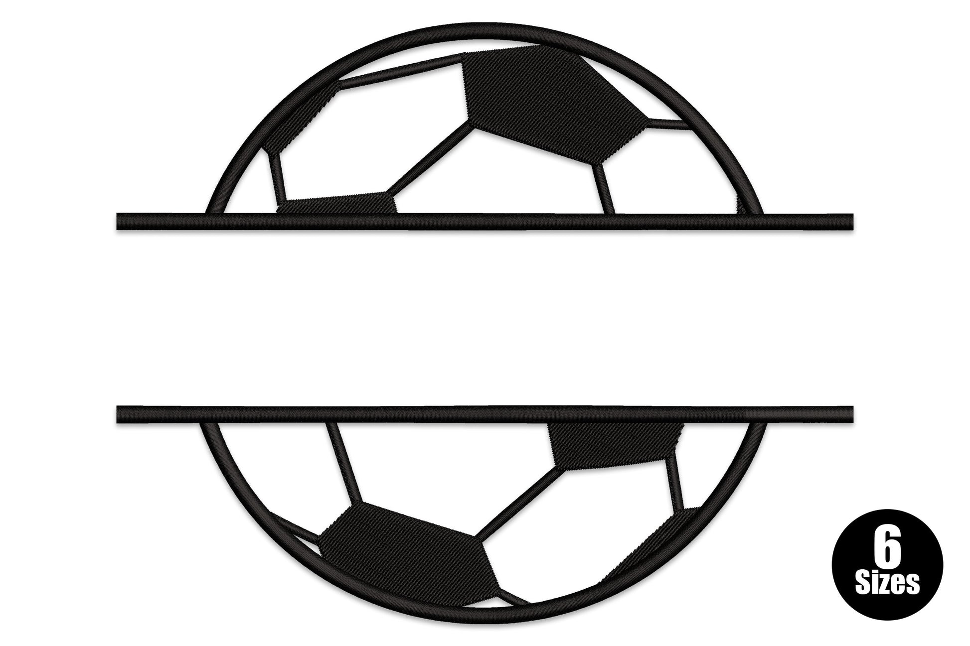 Custom soccer ball name embroidery design in black, split ball with pentagon panel pattern and blank name banner below