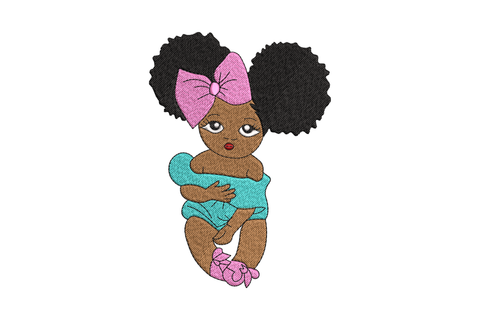 Cute afro baby girl machine embroidery design showing seated cartoon infant with twin puff buns and pink bow headband, 4 sizes 2.5 to 5.5 inches, 6 colours
