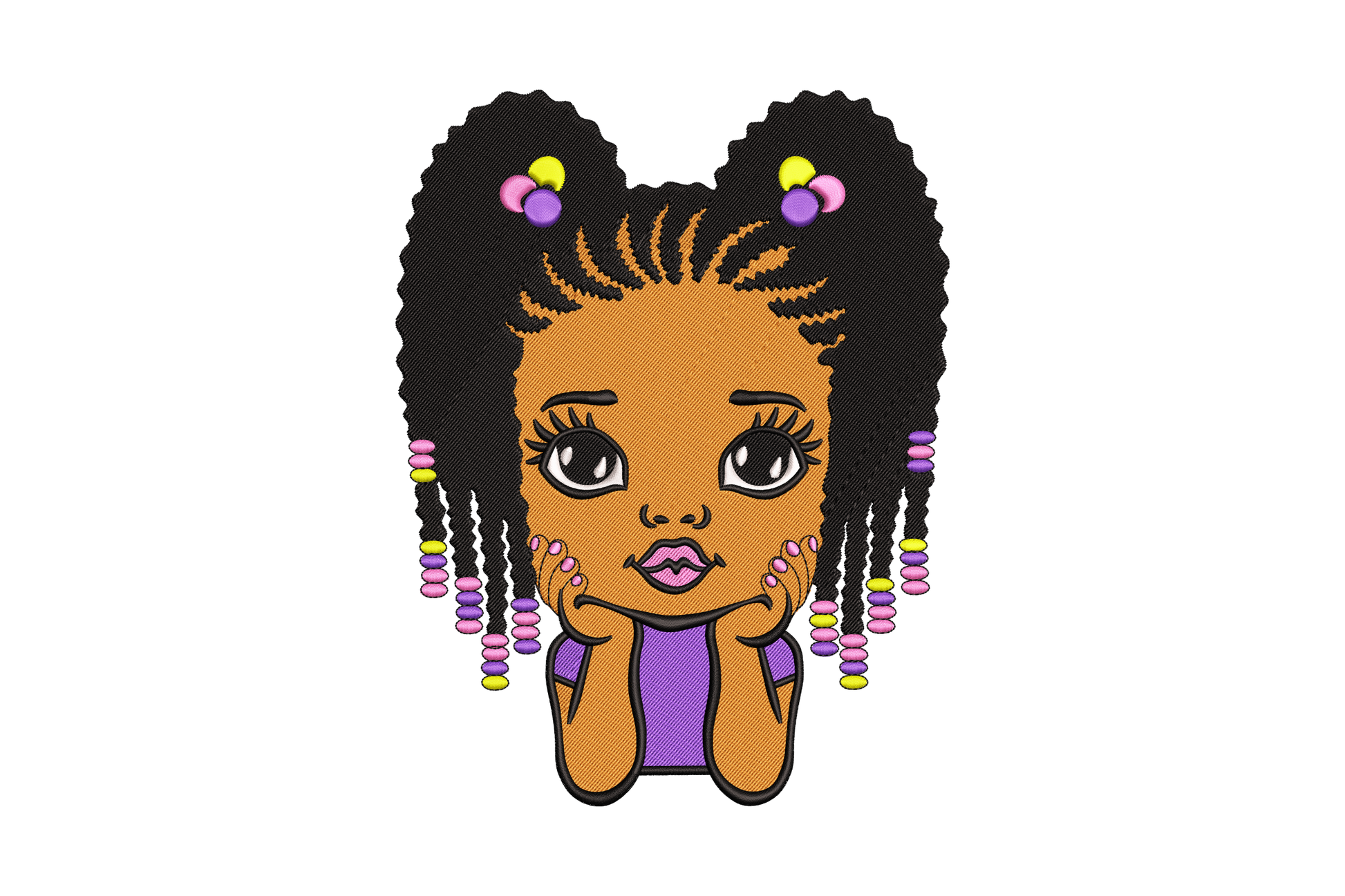 Afro girl embroidery design, close bust portrait with braided puff hair sections, colourful bobble beads, hands under chin, pouty expression, purple top.