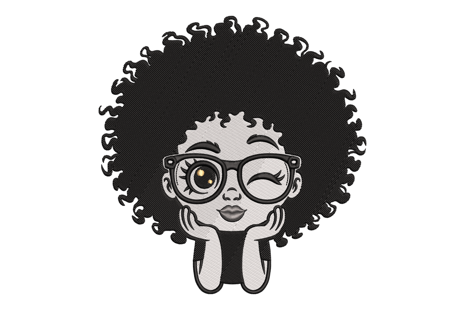 Black and white illustration of a person with an afro and glasses embroidery design