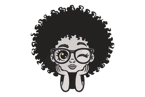 Black and white illustration of a person with an afro and glasses embroidery design