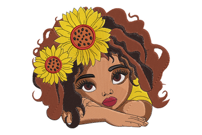 Afro Girl Sunflowers Embroidery Design, Natural Hair Portrait