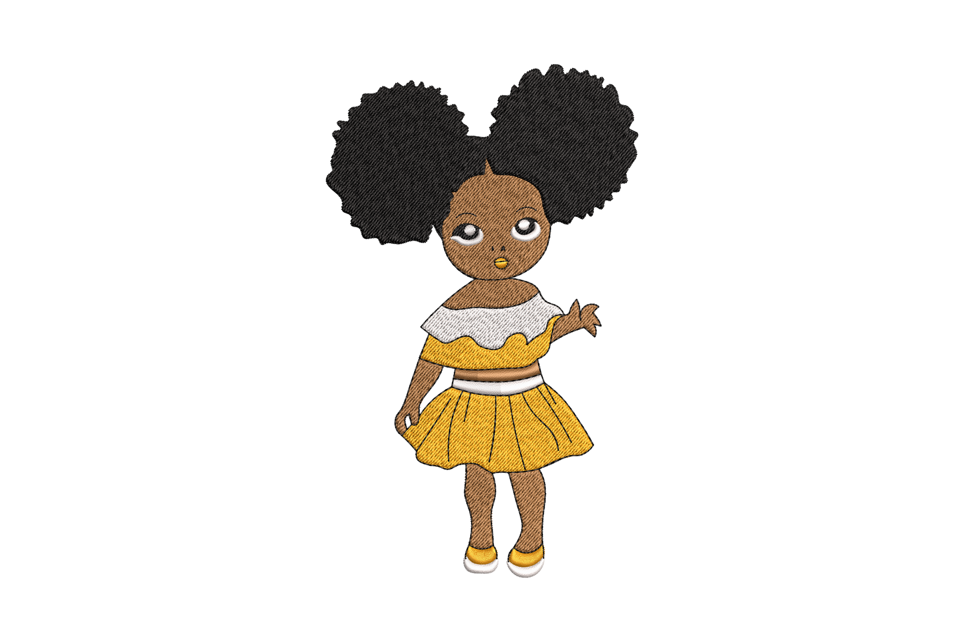 Cute afro toddler girl in yellow off-shoulder dress embroidery design, full body waving figure with twin puff buns, 5 sizes 2.5 to 6.5 inches, 4 colours