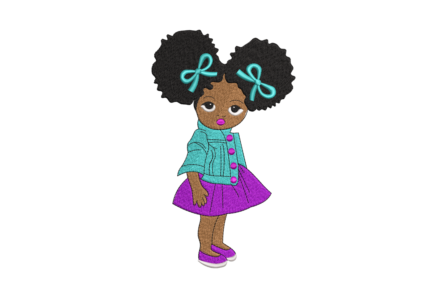 Cute afro toddler girl with teal bows and purple skirt embroidery design, full body cartoon figure, 5 sizes 3.5 to 7.5 inches, 7 colours for kids fashion