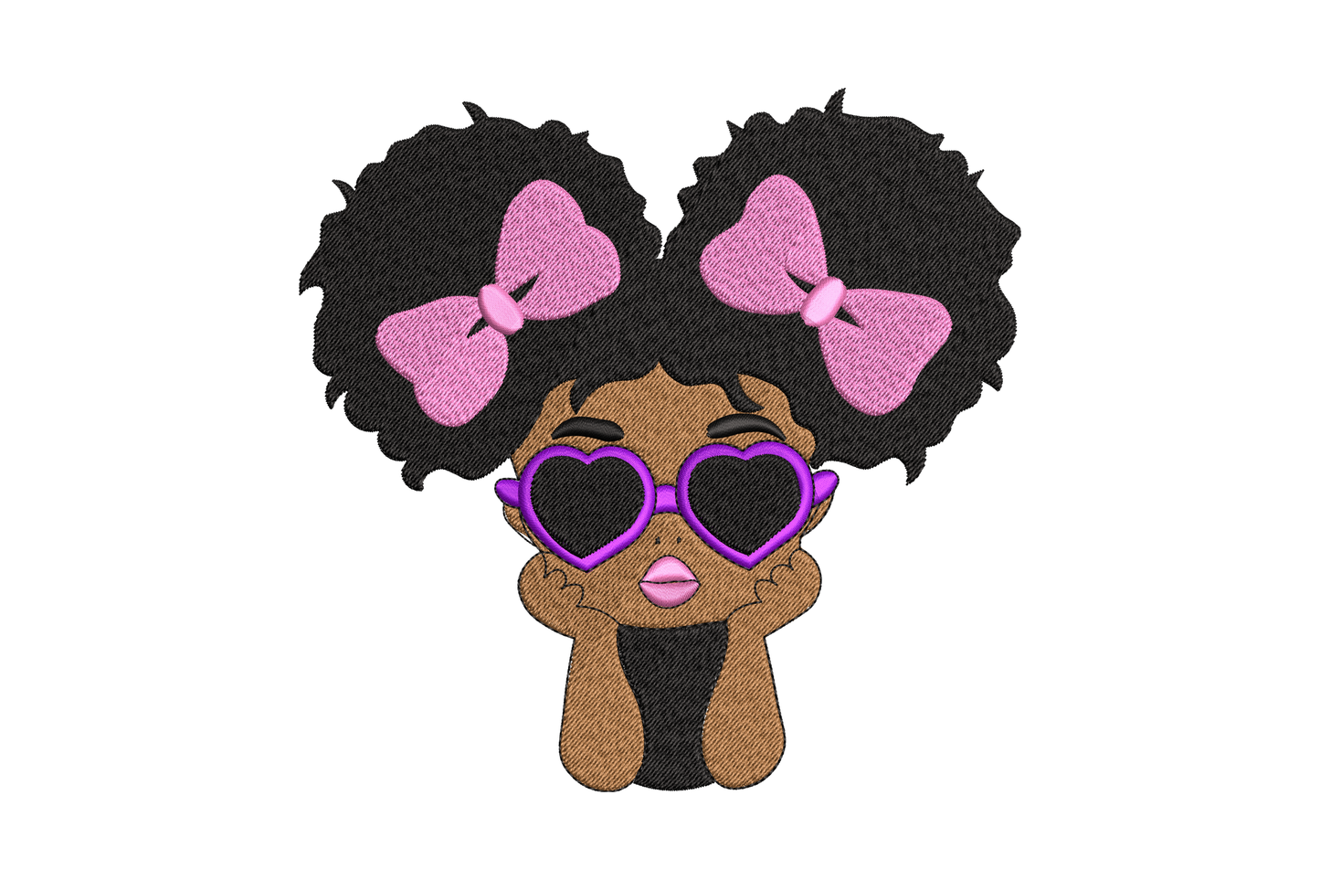 Cute afro girl with purple heart sunglasses machine embroidery design, twin puff buns with pink bows, 5 sizes 2.4 to 6.3 inches, 4 colours kawaii cartoon