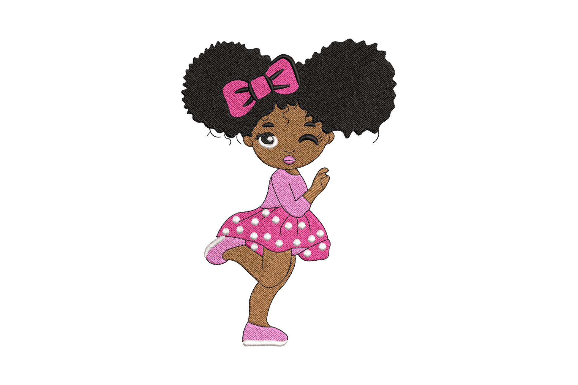 Cute afro dancing toddler girl with pink bow and polka-dot skirt embroidery design, 5 sizes 3.5 to 7.5 inches, 5 colours birthday kids fashion