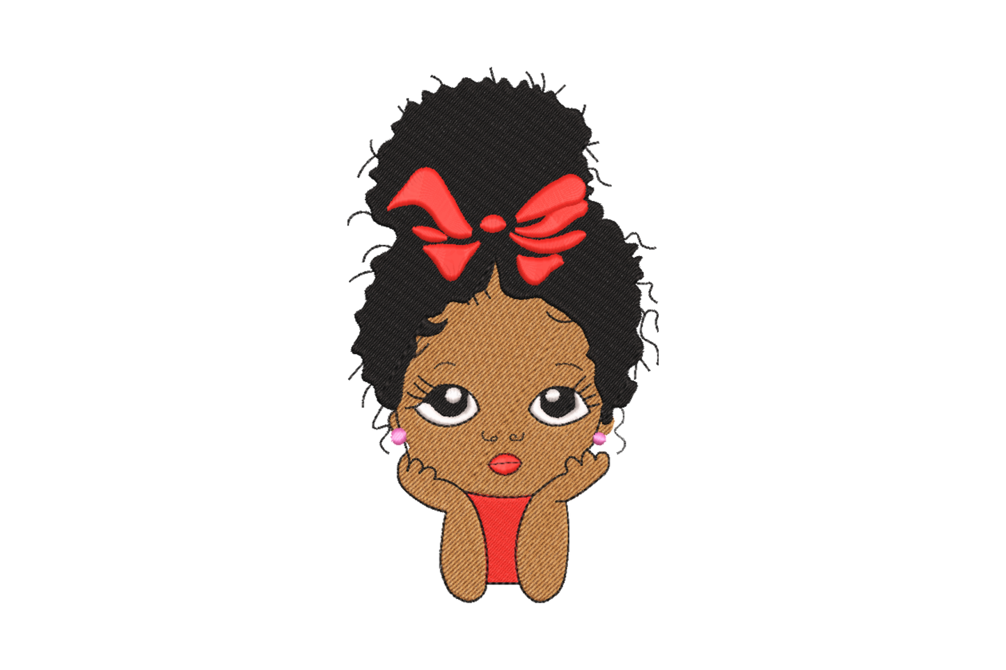 Kawaii Black girl bust embroidery with a large afro puff, bold red bow at the crown, hands cupped under chin and pink stud earrings.