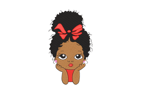 Kawaii Black girl bust embroidery with a large afro puff, bold red bow at the crown, hands cupped under chin and pink stud earrings.