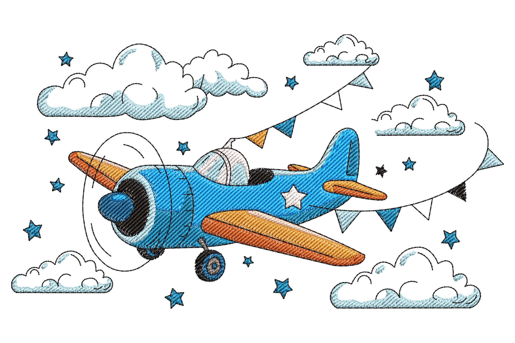 Cute blue cartoon plane with orange wings flying through four puffy white clouds, navy stars and a pennant banner trail.