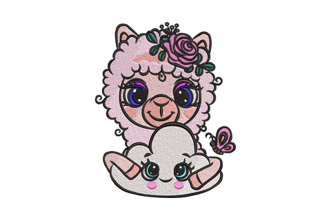 Cute kawaii alpaca mum and baby embroidery, pink fluffy mum with rose flower headpiece and blue eyes holding a white baby alpaca with teal eyes and butterfly accent