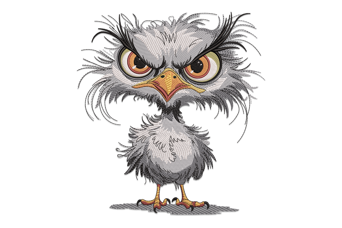 Cute angry owl embroidery, round grey body with spiky black-tipped feathers, scowling orange-red eyes and orange claws.