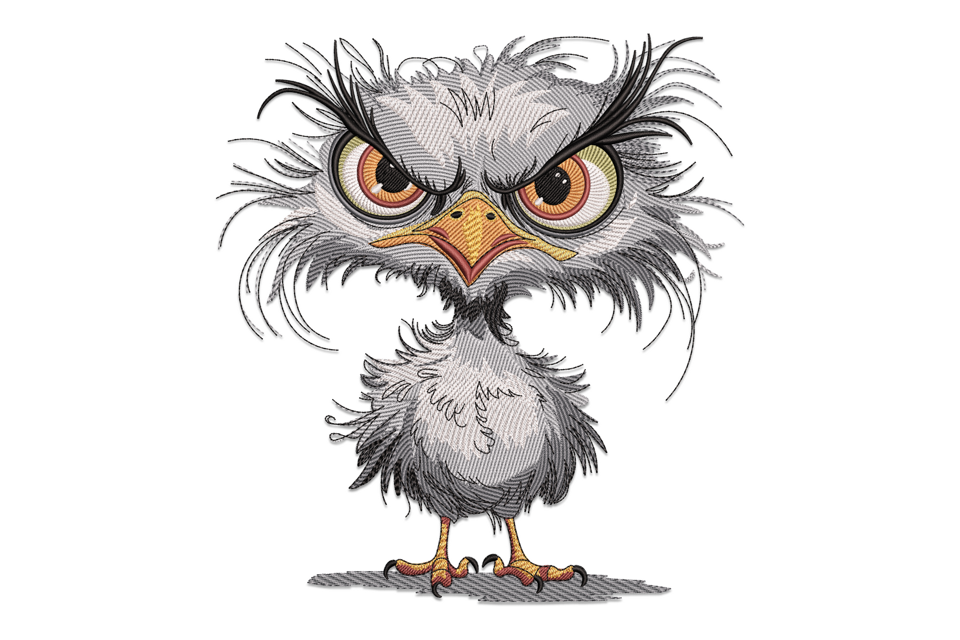 Cute angry owl embroidery, round grey body with spiky black-tipped feathers, scowling orange-red eyes and orange claws.