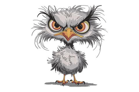 Cute angry owl embroidery, round grey body with spiky black-tipped feathers, scowling orange-red eyes and orange claws.