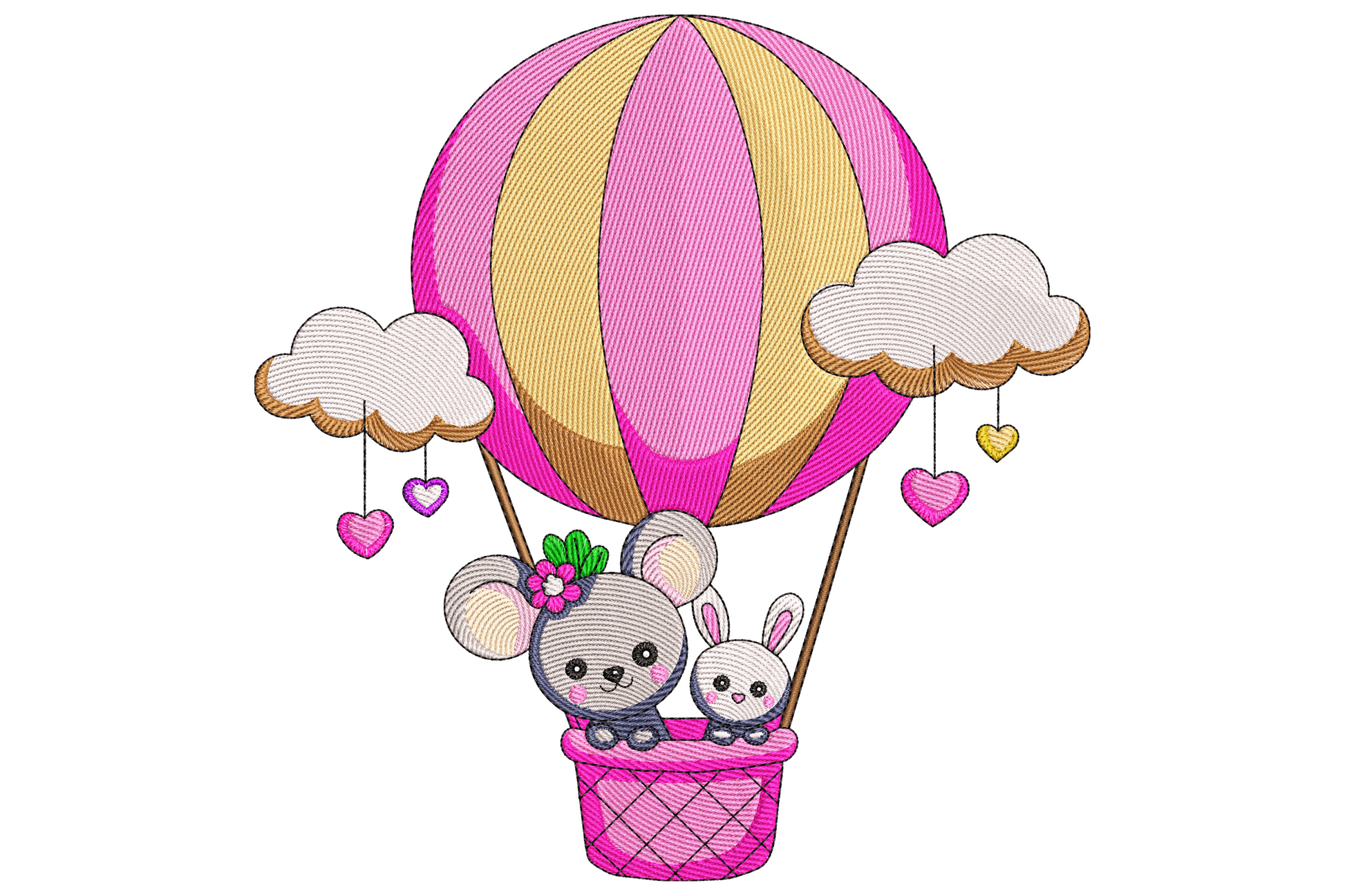 Cute animals in hot air balloon embroidery with bear bunny and fox in a cream basket under a mint peach balloon.