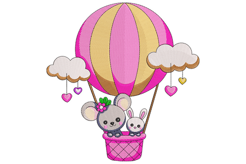 Cute animals in hot air balloon embroidery with bear bunny and fox in a cream basket under a mint peach balloon.