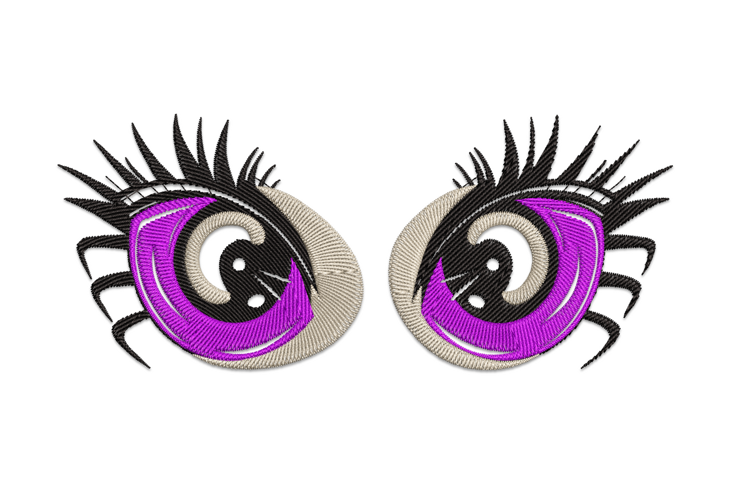 Kawaii anime eyes embroidery design, wide banner shape with sparkle highlights, 3 colours, 5 sizes to 7.48 inches wide