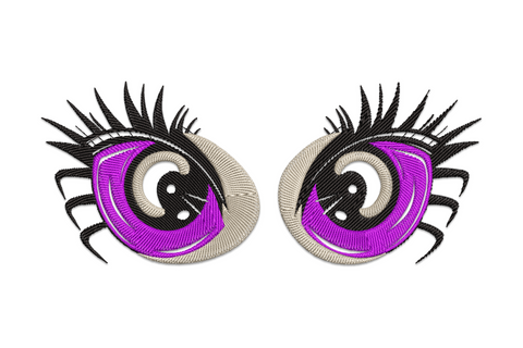 Kawaii anime eyes embroidery design, wide banner shape with sparkle highlights, 3 colours, 5 sizes to 7.48 inches wide