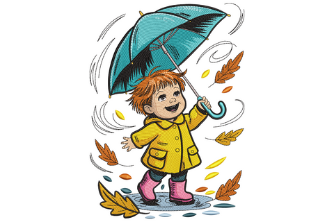 Red-haired toddler in yellow rain coat holding teal umbrella with autumn maple leaves swirling around fall embroidery design