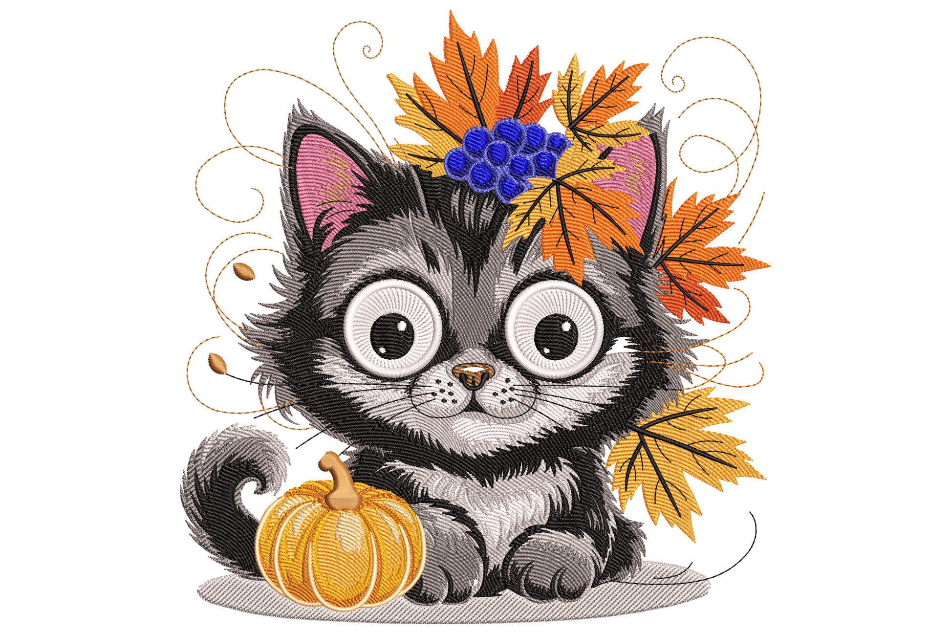 Cute autumn kitten machine embroidery design, sitting cat surrounded by fall leaves, eighteen colours, layered directional fur stitching, warm russet palette.