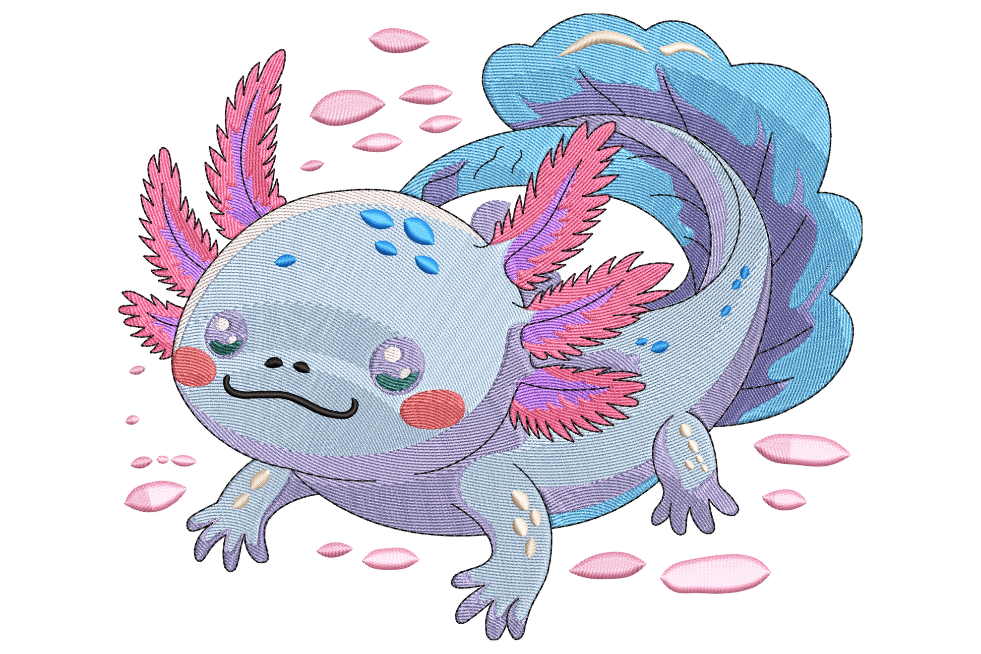 Cute axolotl embroidery design in periwinkle blue with hot pink feathery gills, glassy eyes, spots and pink scatter blobs.