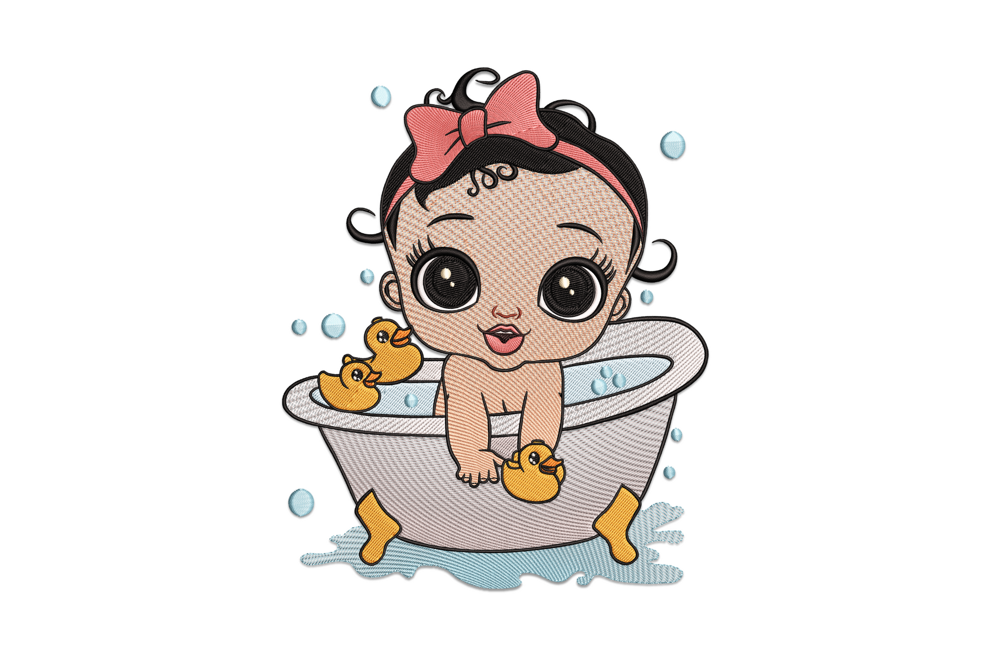 Baby bath time embroidery design showing cartoon baby girl in clawfoot tub with rubber duck, 14 colour machine embroidery design.