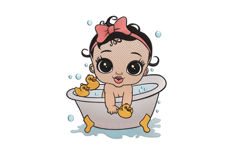 Baby bath time embroidery design showing cartoon baby girl in clawfoot tub with rubber duck, 14 colour machine embroidery design.