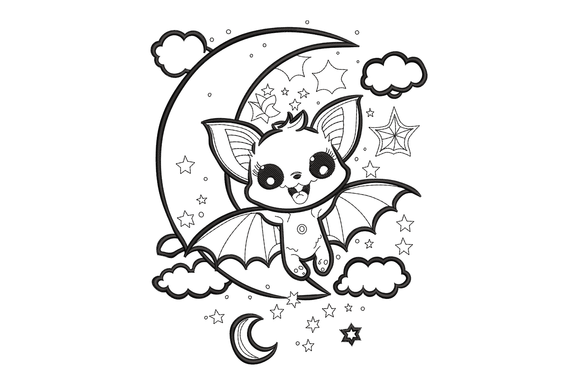 Kawaii baby bat on crescent moon halloween embroidery design, single black thread with stars, clouds and spider web details