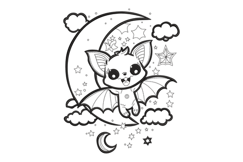 Kawaii baby bat on crescent moon halloween embroidery design, single black thread with stars, clouds and spider web details