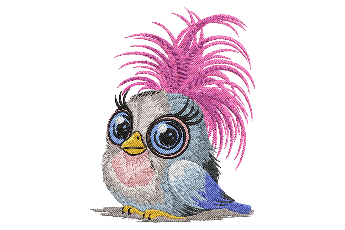 Round kawaii baby bird cartoon machine embroidery design, twenty colours yellow ochre orange tangerine, compact circular composition on white background.