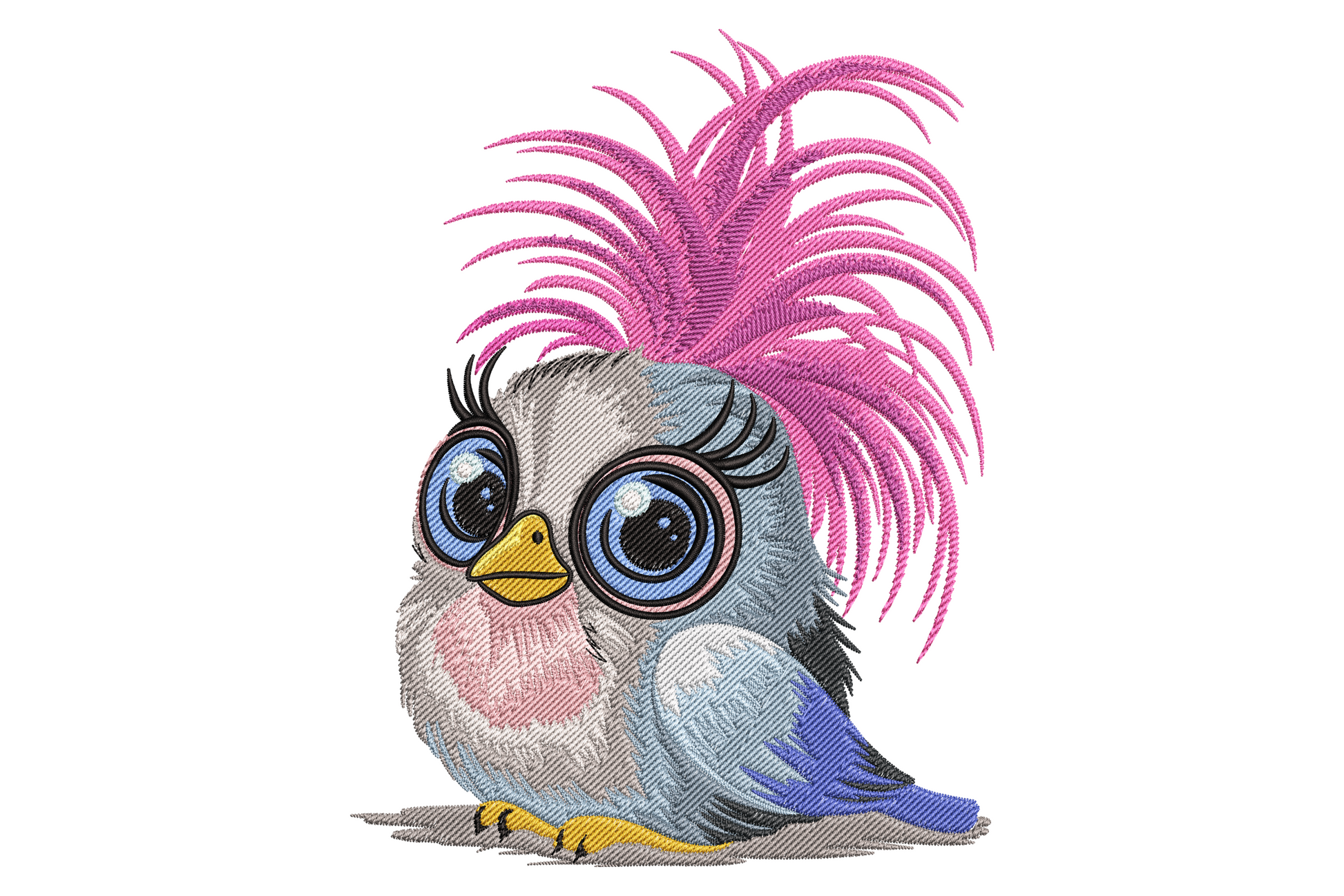 Round kawaii baby bird cartoon machine embroidery design, twenty colours yellow ochre orange tangerine, compact circular composition on white background.