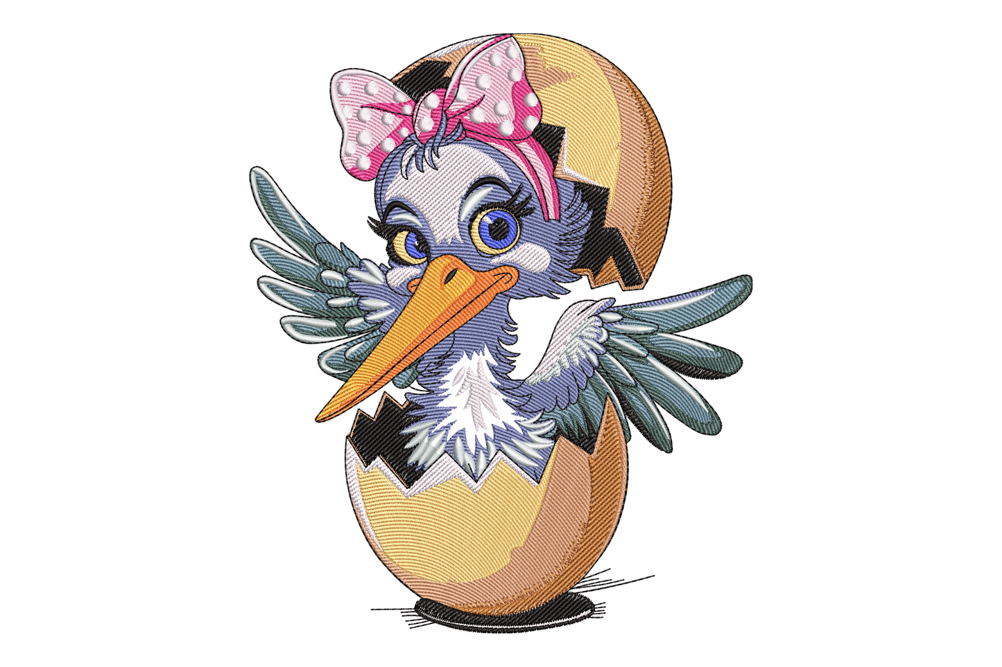 Cute baby bird hatching from an egg embroidery, pink polka-dot bow, big blue eyes and spread wings, 14 pastel colours.