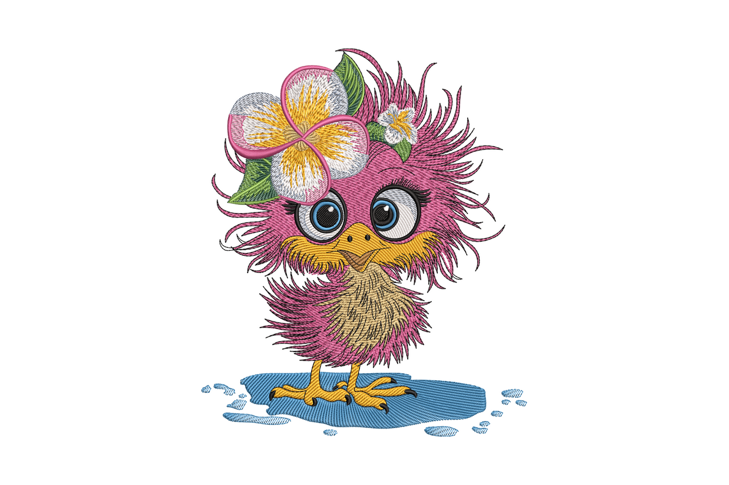 Scruffy pink baby chick embroidery design with wild feathers, plumeria flower, big blue eyes and feet in a tiny puddle.