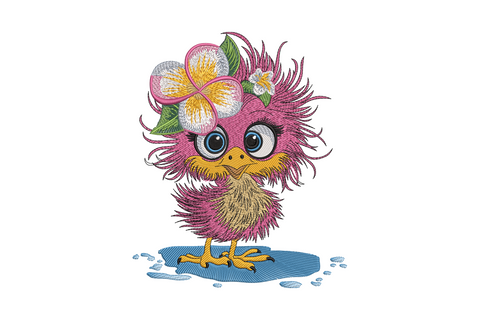Scruffy pink baby chick embroidery design with wild feathers, plumeria flower, big blue eyes and feet in a tiny puddle.