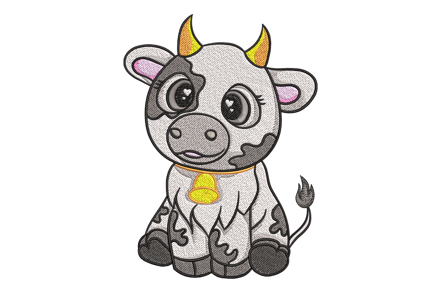 Cute baby cow embroidery design, round seated calf with dark eyes, yellow horns, charcoal patches and gold cowbell on white background.