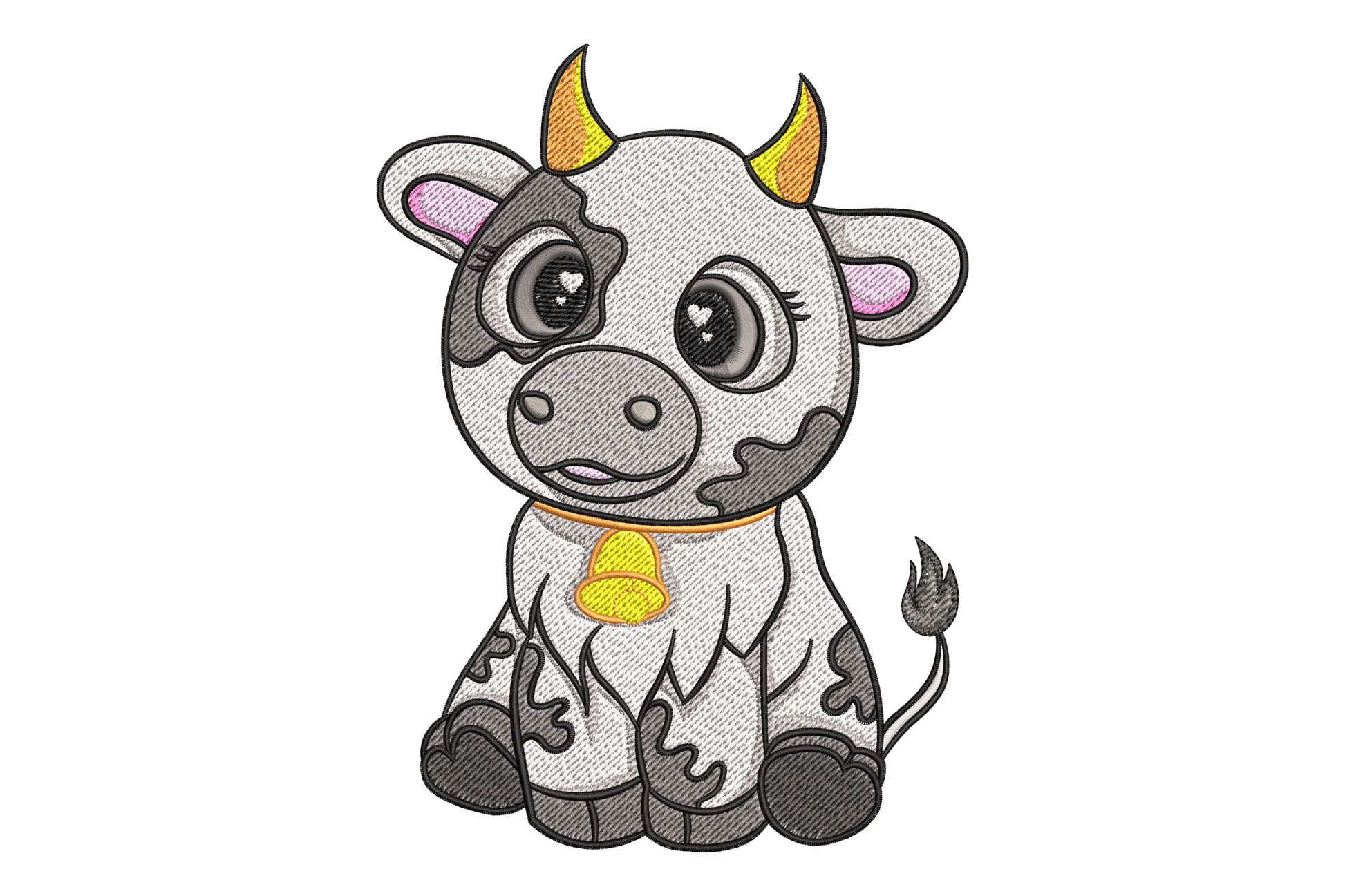 Cute baby cow embroidery design, round seated calf with dark eyes, yellow horns, charcoal patches and gold cowbell on white background.