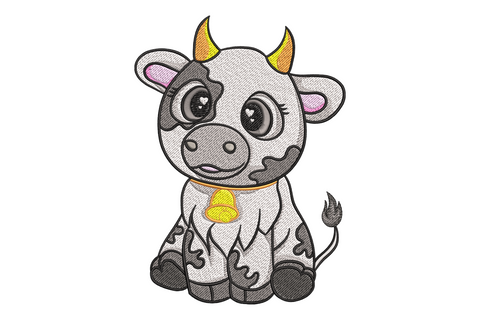 Cute baby cow embroidery design, round seated calf with dark eyes, yellow horns, charcoal patches and gold cowbell on white background.