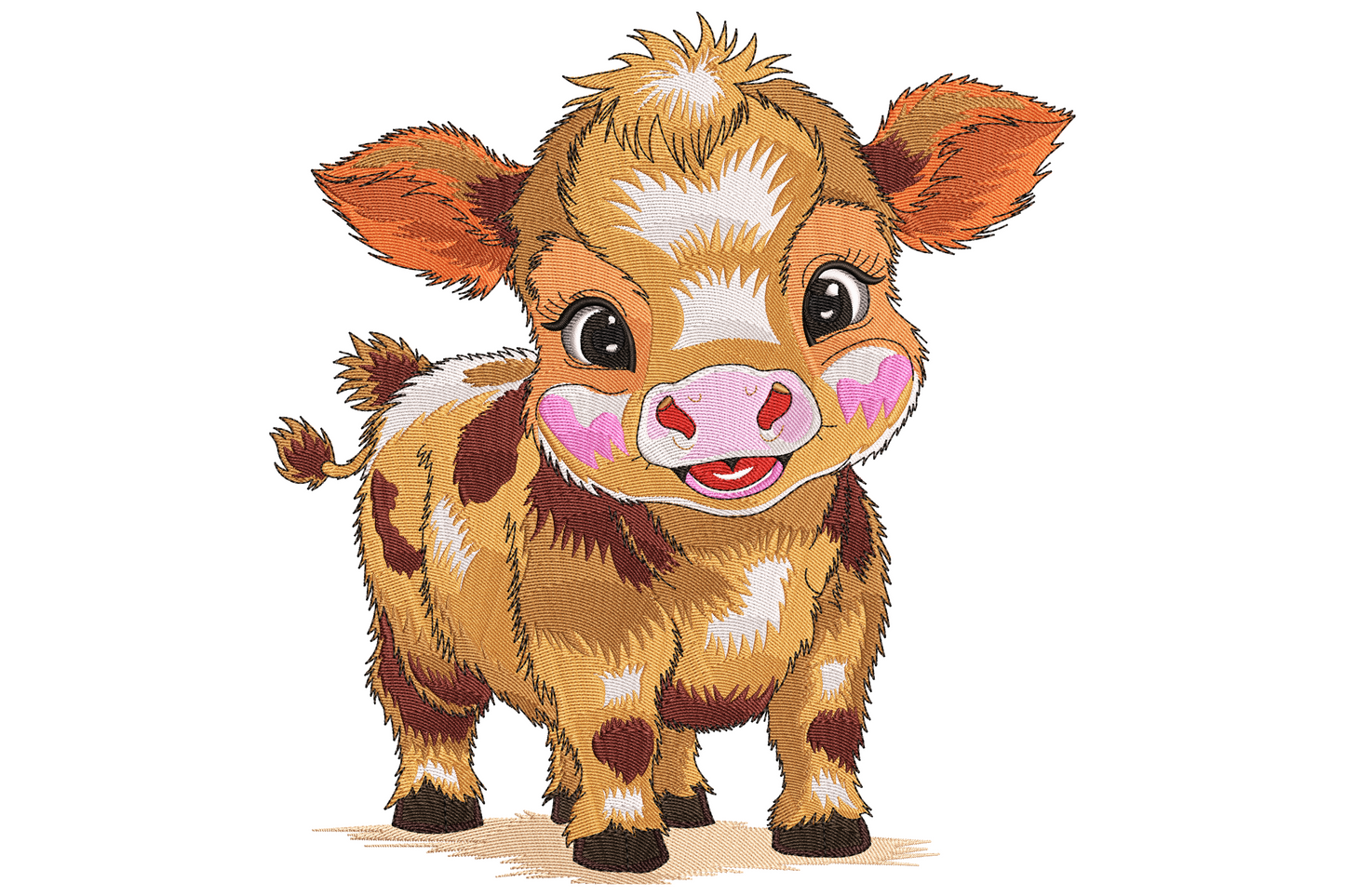 Cute baby cow embroidery design with fluffy ginger fur, white patches, pink heart-shaped nose and big glossy eyes.