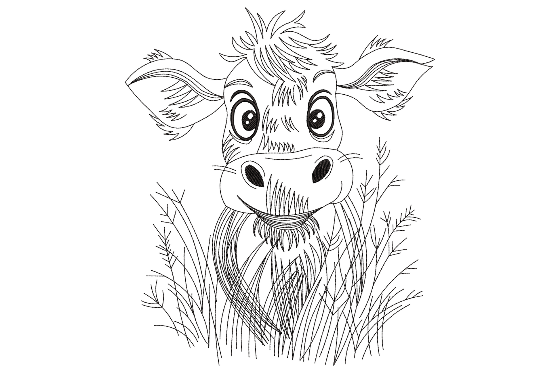 Machine embroidery design, cartoon baby calf peeking through tall grass, single black thread, farm animal linework