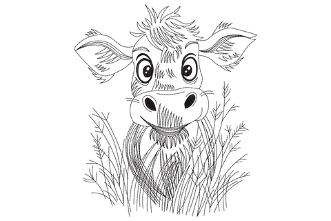 Machine embroidery design, cartoon baby calf peeking through tall grass, single black thread, farm animal linework