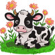 Cute Baby Cow with Flowers Embroidery Design, Instant Download