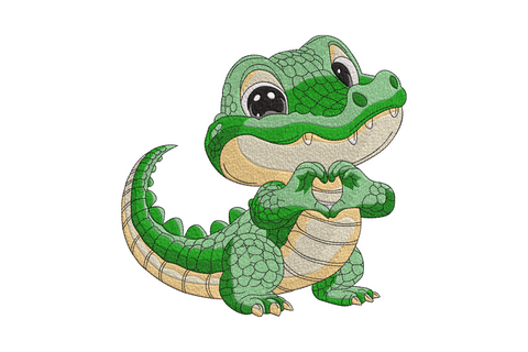 Kawaii baby crocodile with big eyes making a heart shape with front claws, cute cartoon embroidery design with scale texture